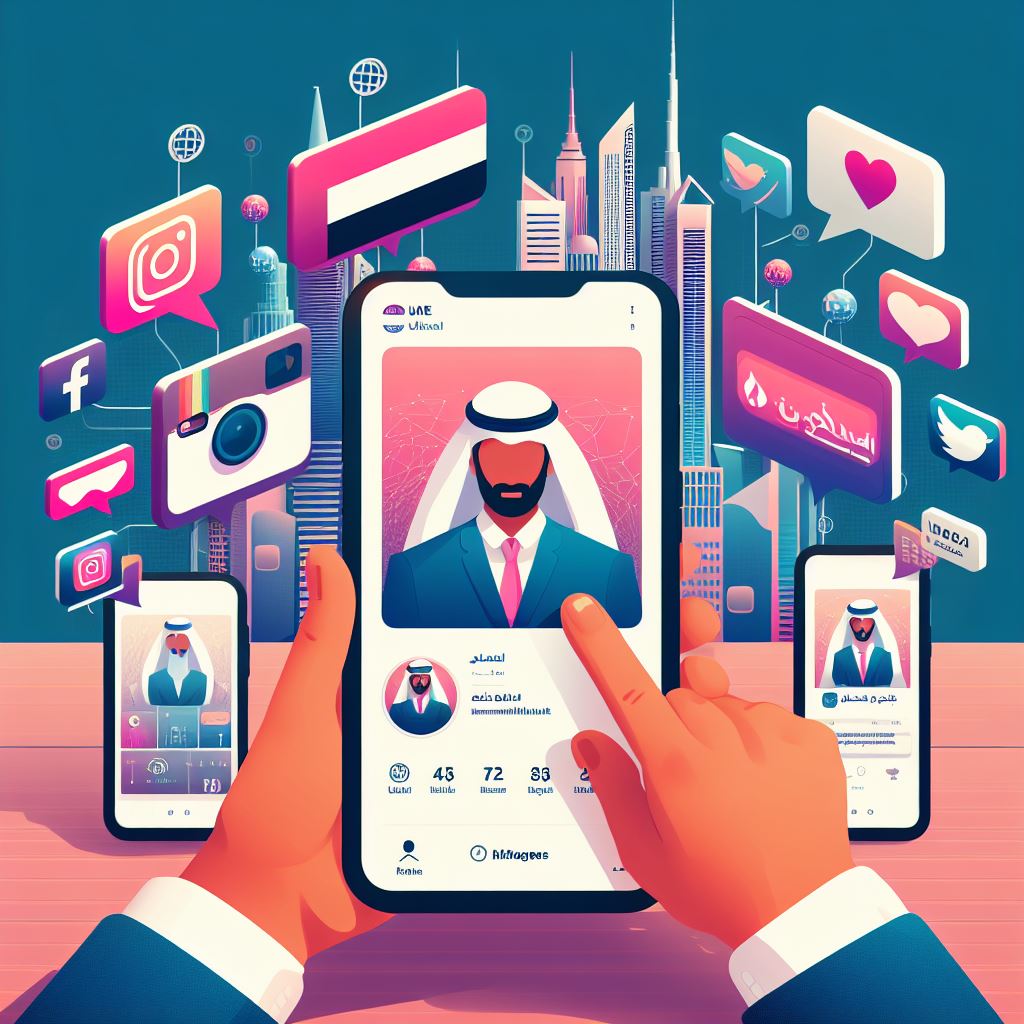 popular social media platforms like Facebook, Instagram, Twitter, and LinkedIn with UAE business profiles and logos on mobile screens.